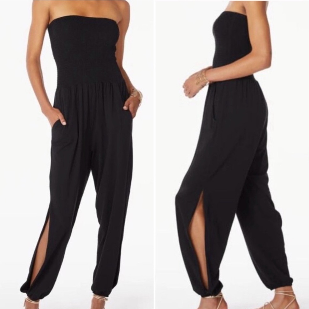 NEW bobi Los Angeles Revolve Black Strapless SlitLeg Smocked Jumpsuit SidePocket - Picture 13 of 15